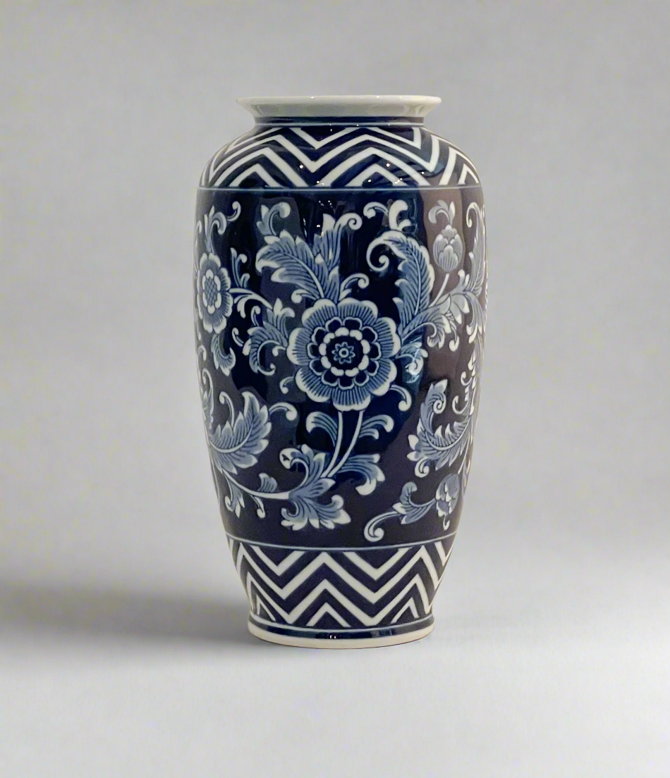 Vase Ceramic Glazed Blue and White 19”
