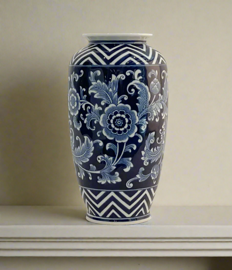 Vase Ceramic Glazed Blue and White 19”