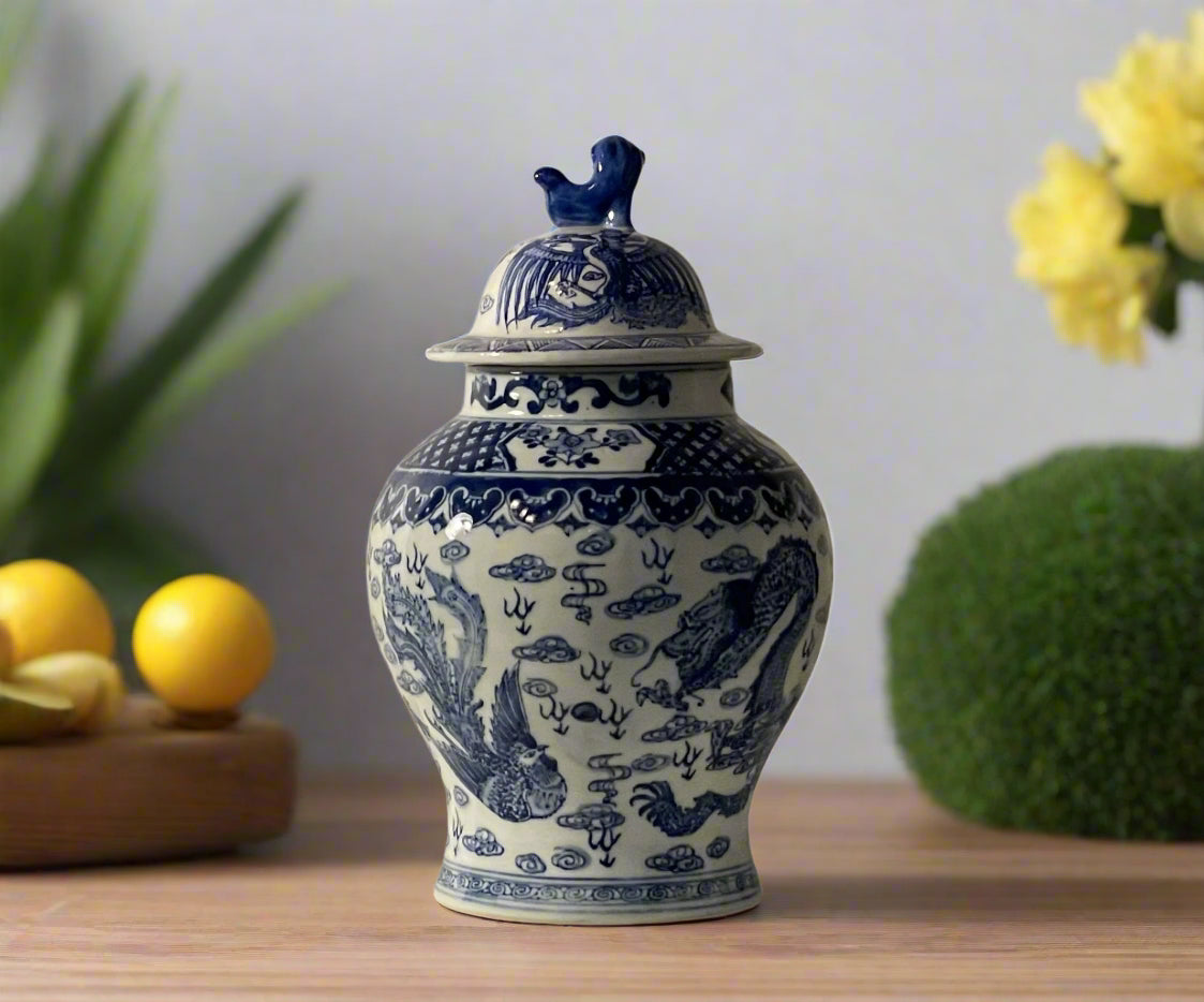 Ginger Jar with Foo Dog Finial Vintage Dragon Motif 14”
