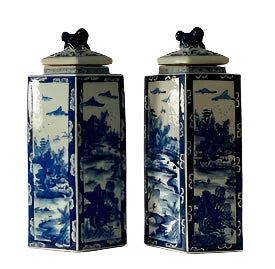 Chinoiserie Pair of Triangular Foo Dog Lidded Vases 21”