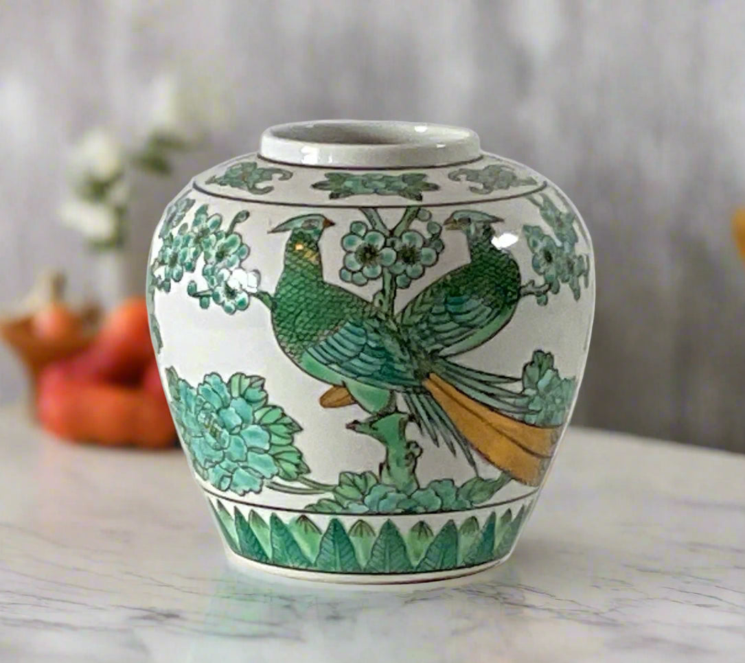 5” Vintage Teal & Emerald Otagiri Peacock Vessel