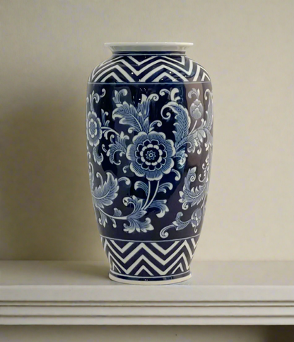 Vase Ceramic Glazed Blue and White 19”