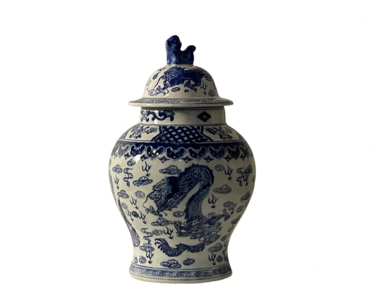 Ginger Jar with Foo Dog Finial Vintage Dragon Motif 14”