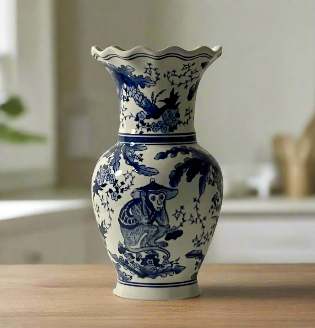 Chinoiserie Scalloped Monkey Vase 11.5”