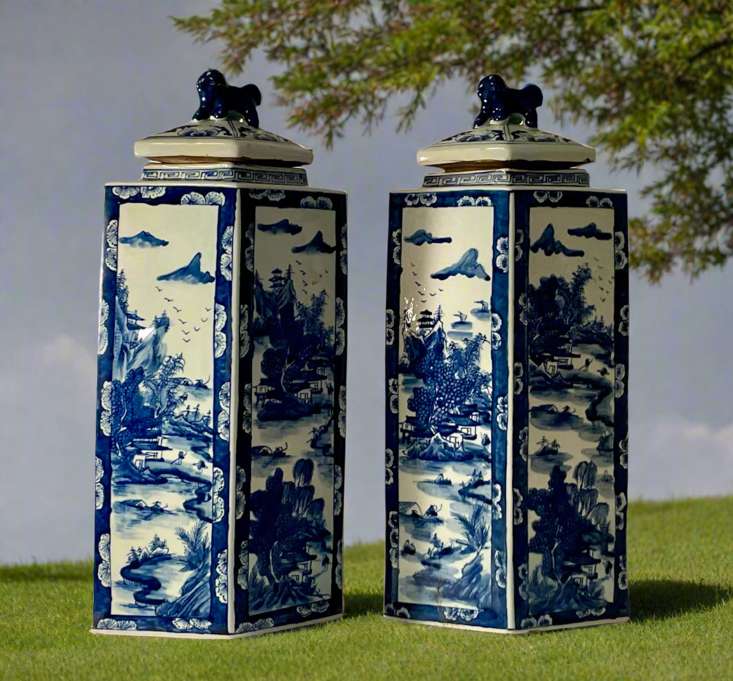 Chinoiserie Pair of Triangular Foo Dog Lidded Vases 21”