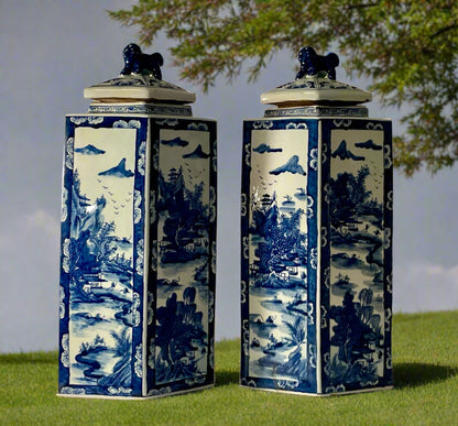 Chinoiserie Pair of Triangular Foo Dog Lidded Vases 21”