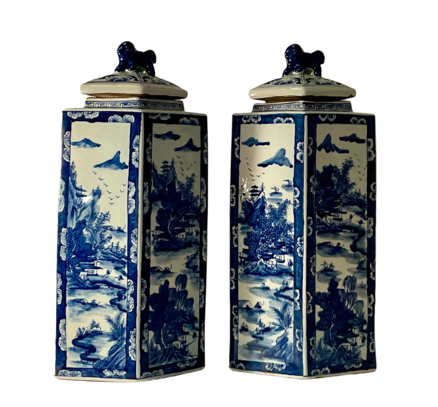 Chinoiserie Pair of Triangular Foo Dog Lidded Vases 21”