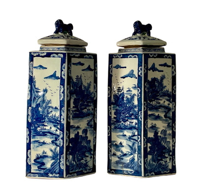 Chinoiserie Pair of Triangular Foo Dog Lidded Vases 21”