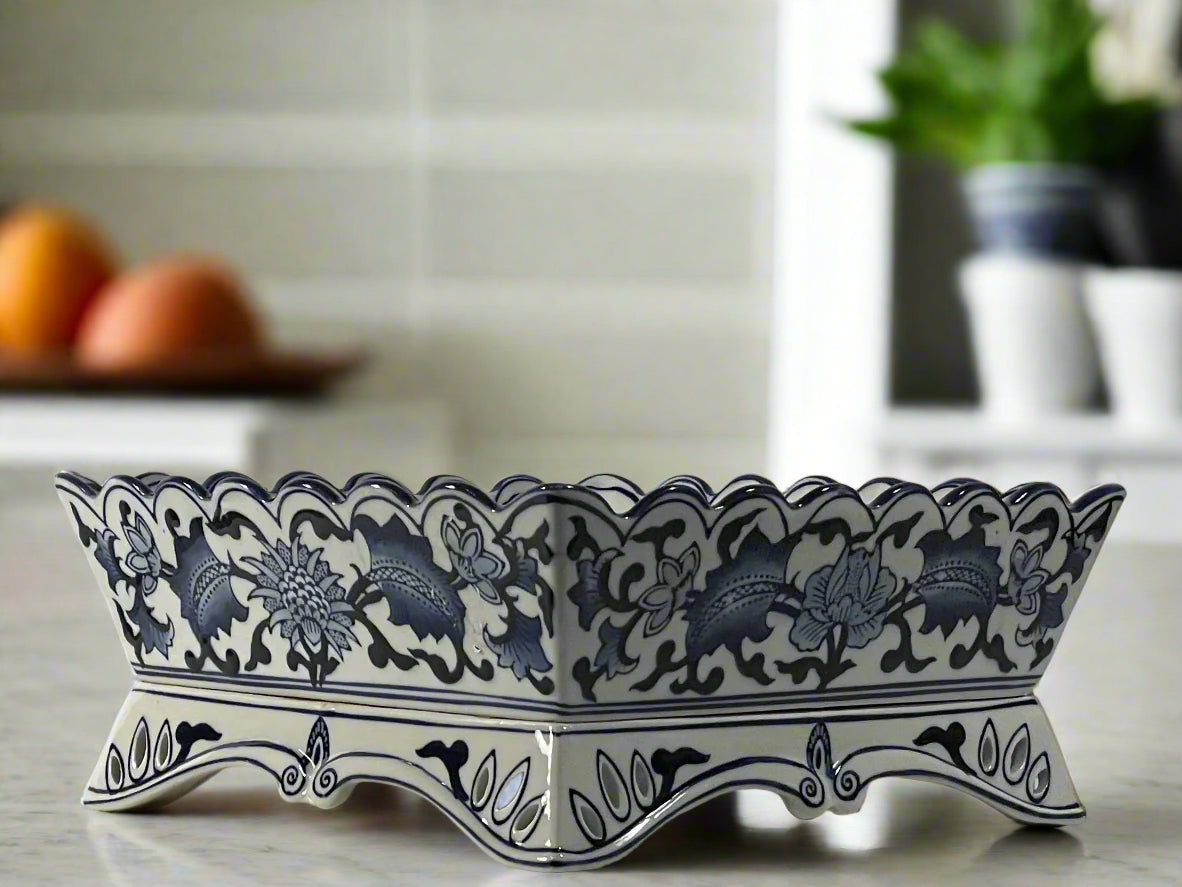 Chinoiserie Square Scallop Footed Dish 12”