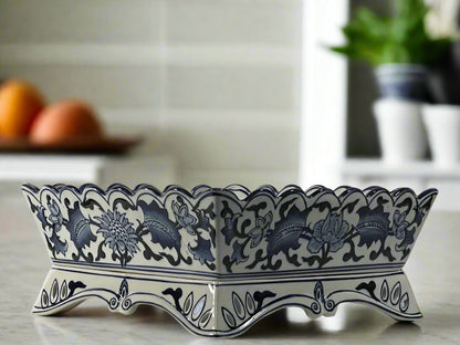 Chinoiserie Square Scallop Footed Dish 12”
