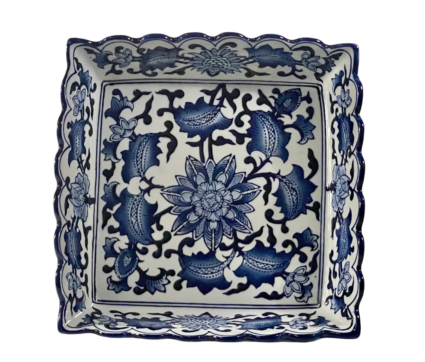 Chinoiserie Square Scallop Footed Dish 12”