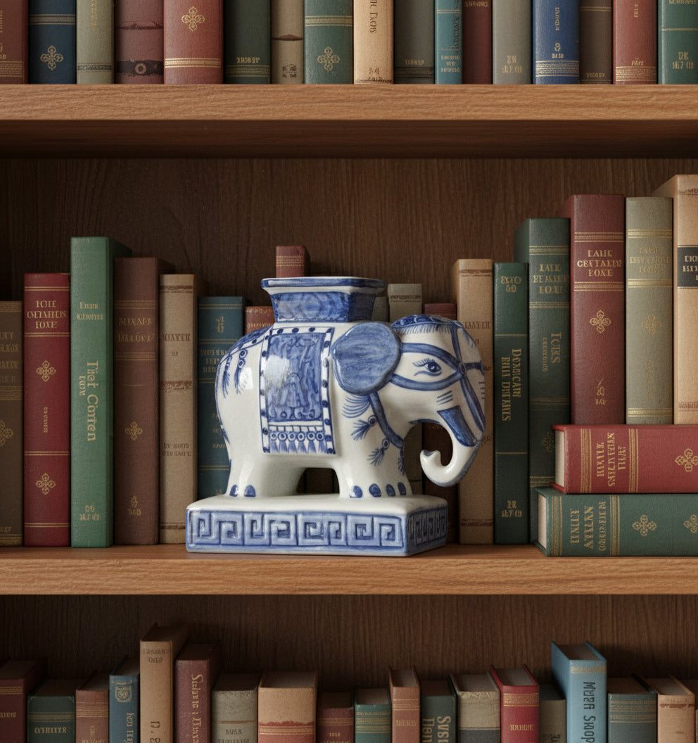 Chinoiserie Blue & White Elephant Vase Bookends